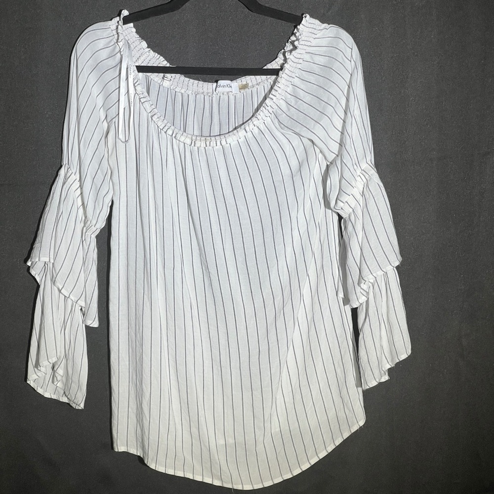 Calvin Klein Women Striped Off Shoulder Tiered Ruffle Bell Sleeve Top Wht Gray